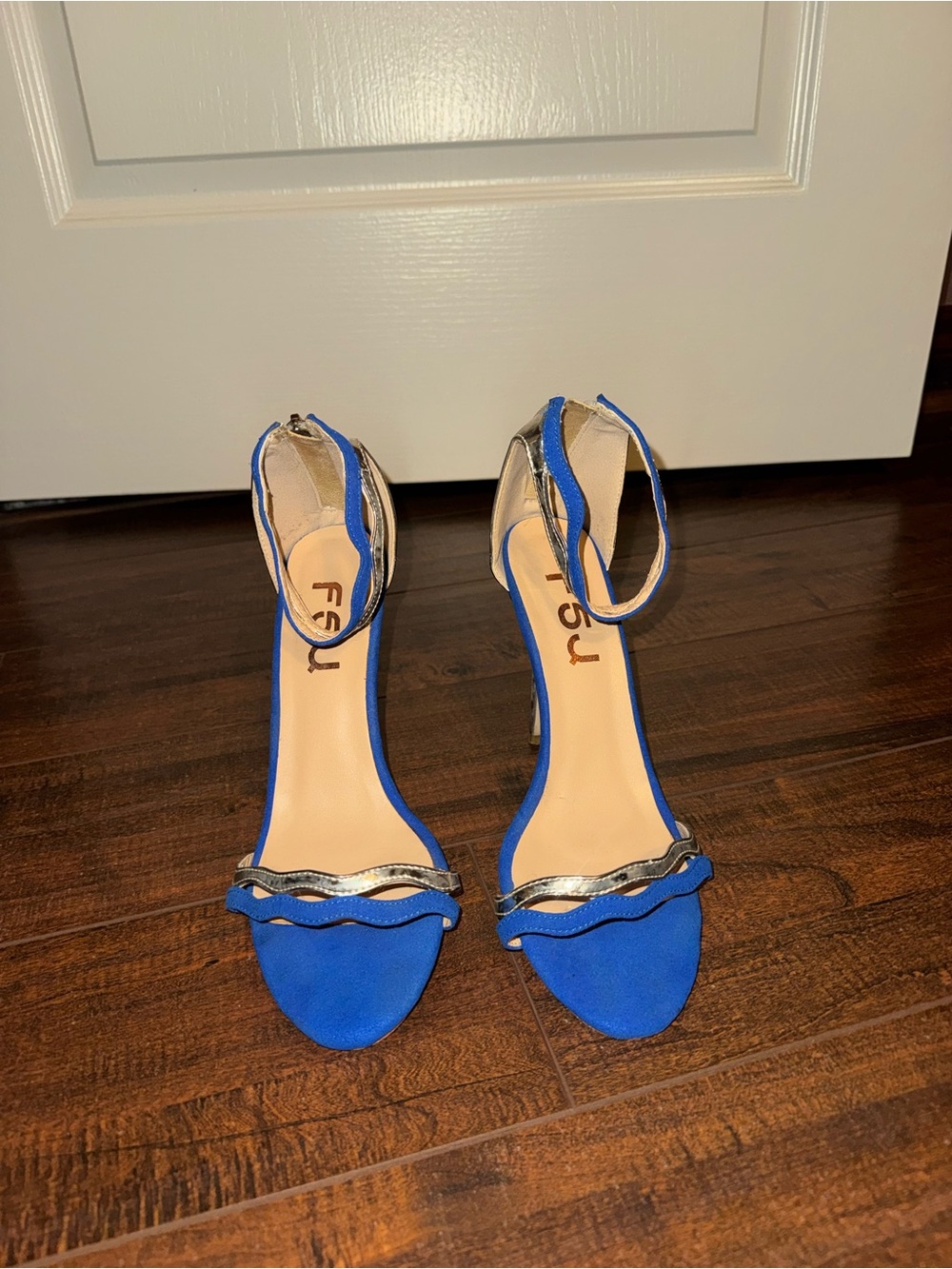 FSJ Royal Blue Ankle-Strap Heeled Sandals with Silver Accent